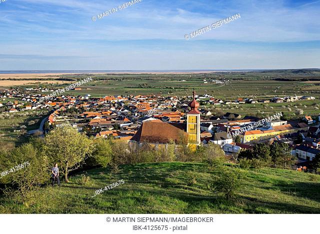 Town View with Mountain Church of St. Martin and Lake Neusiedl, Donnerskirchen, Northern Burgenland, Burgenland, Austria