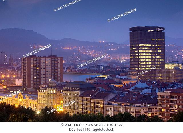 Spain, Basque Country Region, Vizcaya Province, Bilbao, elevated city view from Parque Etxebarria park, evening