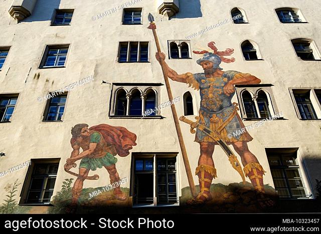Goliathhaus with fresco by David and Goliath, old town, Regensburg, Upper Palatinate, Bavaria, Germany