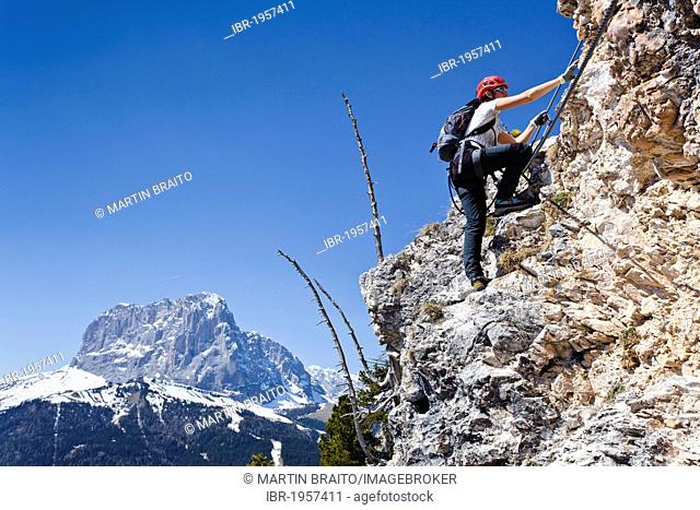 Mountain climber ascending the Stevia climbing route in Vallunga Valley near Selva, in front of Sassolungo Mountain, Val Gardena, Dolomites, Alto Adige, Italy