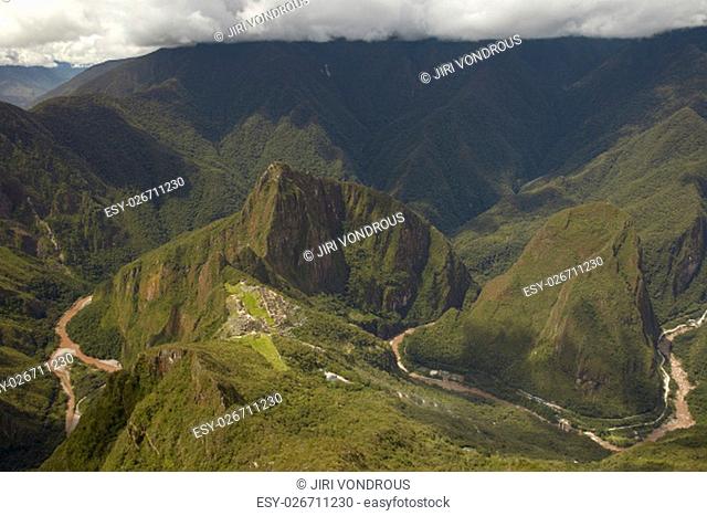 Lost Incan City of Machu Picchu and Wayna Picchu near Cusco in Peru. Peruvian Historical Sanctuary in 1981 and a UNESCO World Heritage Site in 1983