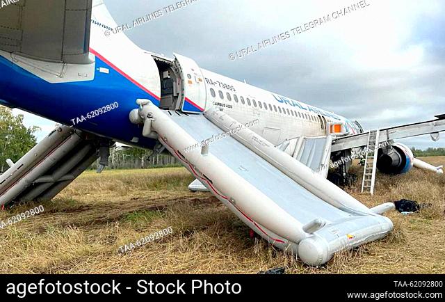 RUSSIA, NOVOSIBIRSK REGION - SEPTEMBER 12, 2023: A view of an Ural Airlines aircraft that crash landed near the village of Ubinskoye