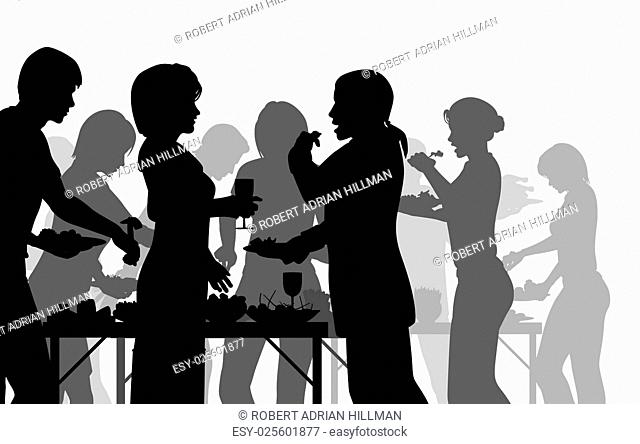 EPS8 editable vector silhouettes of people enjoying a buffet with all figures as separate objects