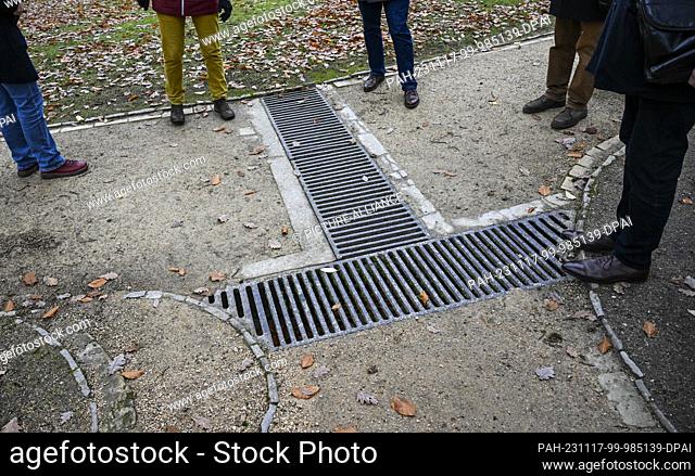 PRODUCTION - 17 November 2023, Brandenburg, Potsdam: Historic wrought-iron grates can be seen on a path in Babelsberg Park