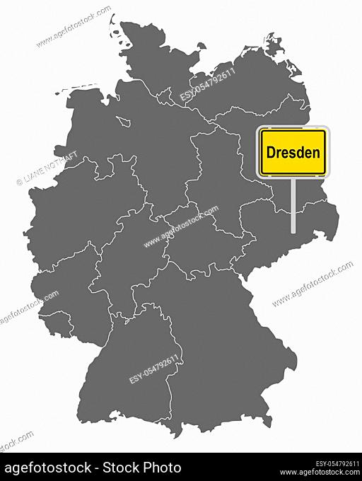 Landkarte von Deutschland mit Ortsschild von Dresden
