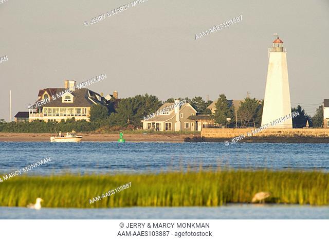Lynde Point Light in Old Saybrook, Connecticut, as seen from across the mouth of the Connecticut River in Old Lyme. The Nature Conservancy's Griswold Point...