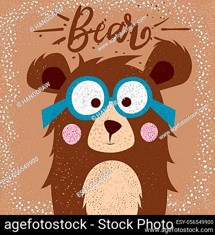 Funny, cute bear with glasses for print t-shirt. Vector eps 10