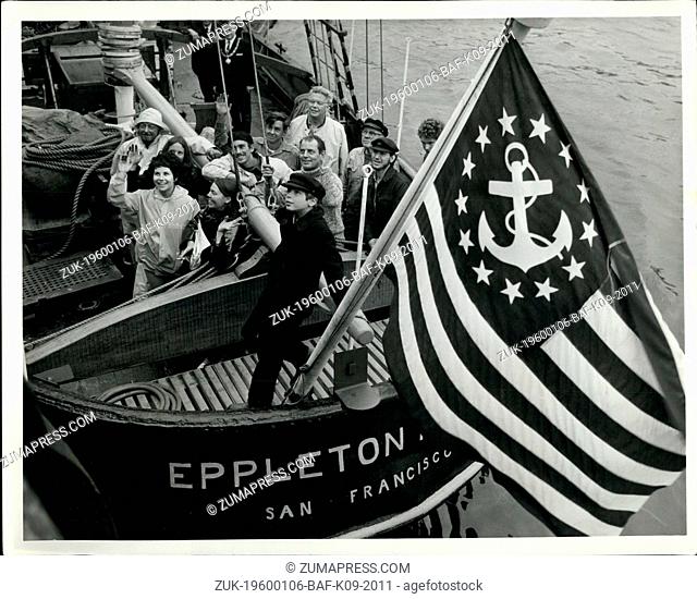 1972 - The crew of the Eppleton Hall with its youngest member, 11 year old Johnny Kortum in foreground, waves goodbye at the start of its voyage