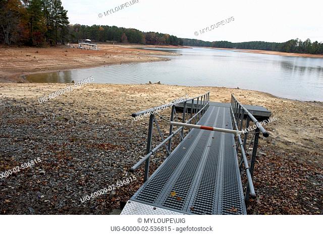 Beached dock and loathouse, Lake Sidney Lanier during the worst drought in Georgia history