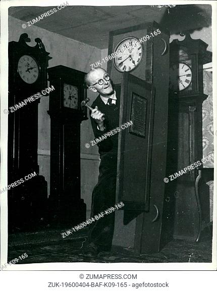 Apr. 04, 1960 - 4-11-60 Frank has a passion for clocks so he has made himself a ?¢‚Ç¨ÀúClock Coffin?¢‚Ç¨‚Ñ¢ ?¢‚Ç¨‚Äú Seventy four year old ex-Coldstream...