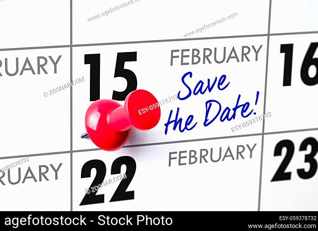 Wall calendar with a red pin - February 15