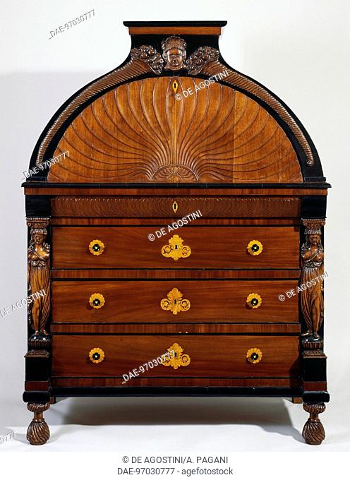 Biedermeier style half-moon secretary with decorative caryatids on the side and blond wood inlays, ca 1820. Russia, 19th century.  Private Collection