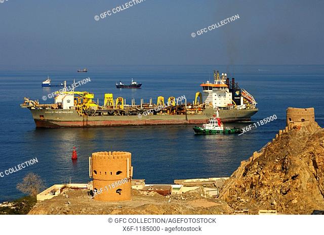 Dredger 'Queen of the Netherlands' entering the harbour of Sultan Qaboos, Muscat, Oman, Middle East