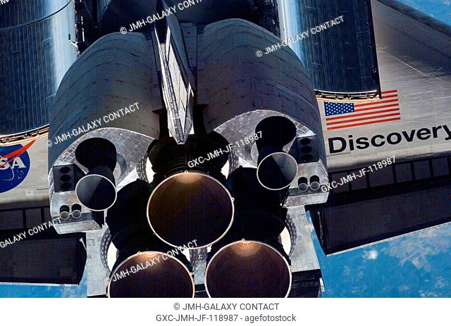 A close-up view of Space Shuttle Discovery's tail section is featured in this image photographed by an Expedition 13 crewmember on the International Space...