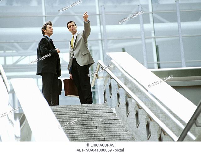 Two businessmen standing at the top of stairs