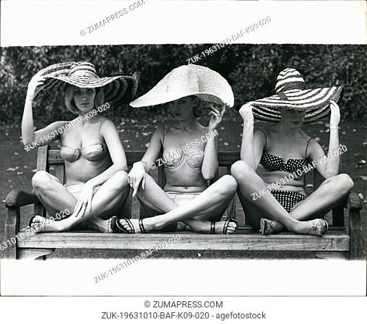 Oct. 10, 1963 - Nina Ricci Paris Beachwear: Photo shows Three caballeros in the Embankment gardens yesterday wearing bikinis from the Nina Ricci Collection...