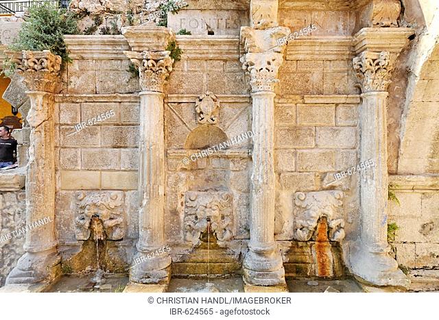 Roman decorations, Arimondi Fountain in Rethymno, Crete, Greece, Europe