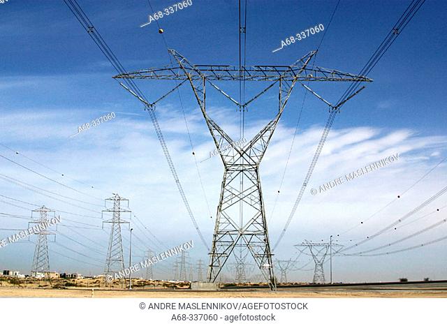 Power lines to Dubai City. Energy produced by oil power plants. UAE
