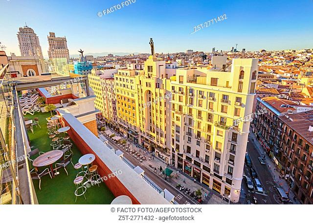 Emperador Hotel rooftop, located at Lope de Vega building in Gran Via street. Madrid. Spain