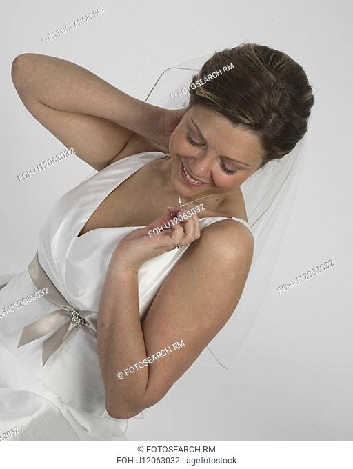 examining, wedding, necklace, bride