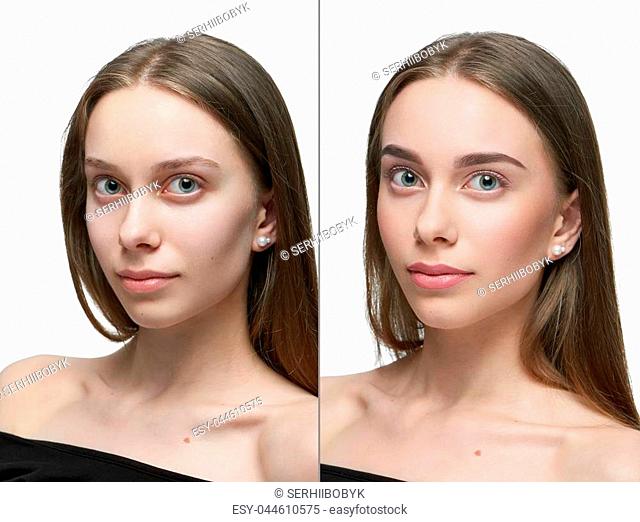 Frontview comparison of one girl before and after make up. left pert - looking at camera girl without make up, right part - same girl posing after make up