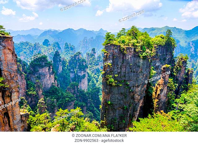 View over tall sandstone columns and formations in Zhangjiajie national park, Hunan, China
