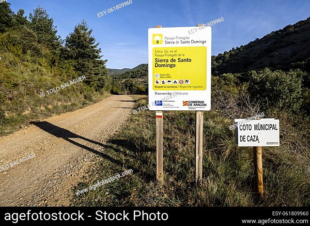 Sierra de Santo Domingo protected landscape, informative sign, Biel, Cinco Villas, Aragon, Spain