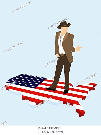 A stereotypical American cowboy standing on the American flag in the shape of America