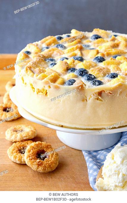 Blueberry and blackberry cheesecake with ladyfinger biscuits. Party dessert