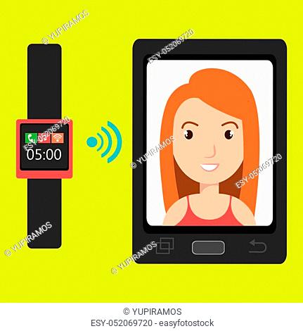 smartphone and watch device with a cartoon woman in the screen with media icon over green background