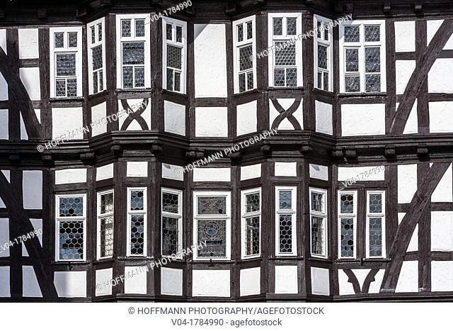 Detail of the picturesque city hall in Alsfeld on the German Fairy Tale Route, Hesse, Germany, Europe