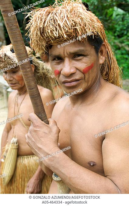 Indigenous man with blowpipe in hand. Yaguas Community. Amazonas. Peru