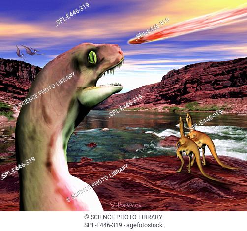 Death of the dinosaurs. Computer illustration of Velociraptor sp. dinosaurs watching an asteroid or comet core as it rushes towards the Earth