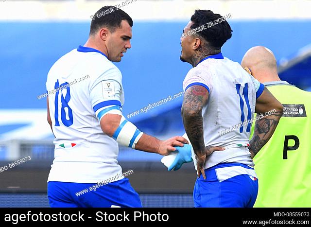 France players Giosue Zilocchii and Monty Ioane during match Italy-France in the Olympic stadium. Rome (Italy), February 06th, 201