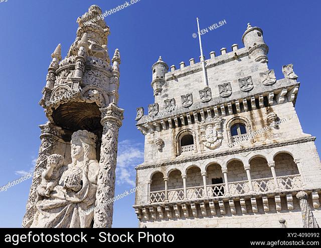 Lisbon, Portugal. The 16th century Torre de Belem or Tower of Belem. The tower and image of the Virgin and Child on the bulwark terrace