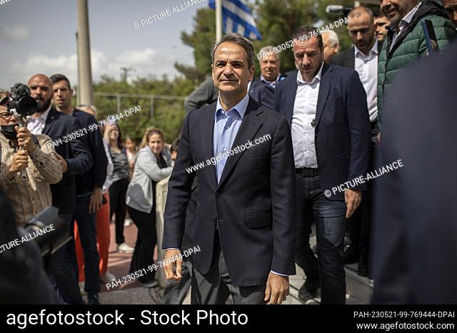 21 May 2023, Greece, Athen: Kyriakos Mitsotakis, Greek prime minister and leader of the conservative Nea Dimokratia (ND) party