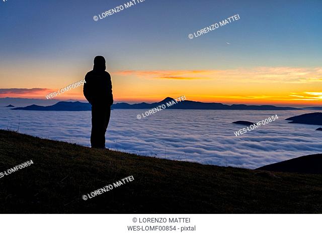 Italy, Marche, Apennines, Mount San Vicino at dawn seen from mount Cucco