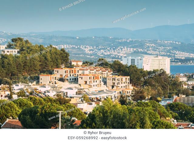 Kusadasi, Turkey. Beautiful Cityscape Of Turkish Town. White Residential Houses On Hillside. Real Estate Suburb In Summer Evening
