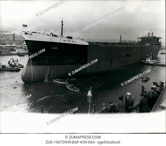 Sep. 09, 1967 - Giant tanker hits bank during launching, in Belfast: The &pound;5 million shell tanker Myrina, 191, 250 tons biggest ship ever launched in...