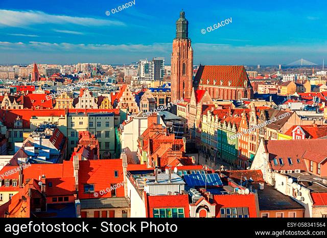 Aerial view of Old Town with St. Elizabeth's Church from St. Mary Magdalene Church in the morning in Wroclaw, Poland