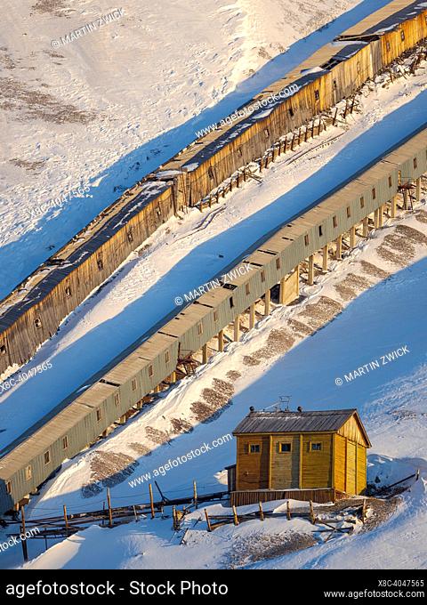Covered access to the mine, once with a railway. Pyramiden, abandoned russian mining settlement at the Billefjorden, island Spitzbergen in the svalbard...