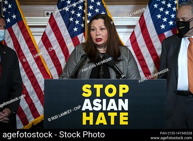 United States Senator Tammy Duckworth (Democrat of Illinois) offers remarks during a press conference following Senate passage of the COVID-19 Hate Crimes Act...