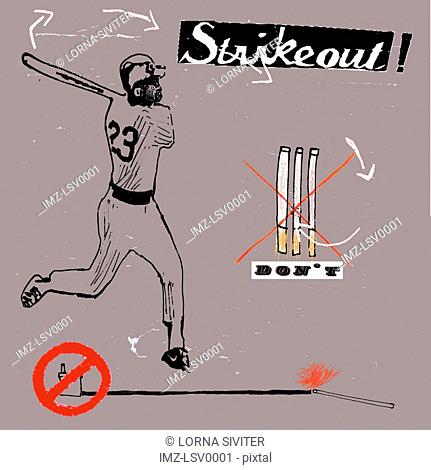 A baseball player swinging a bat at cigarettes