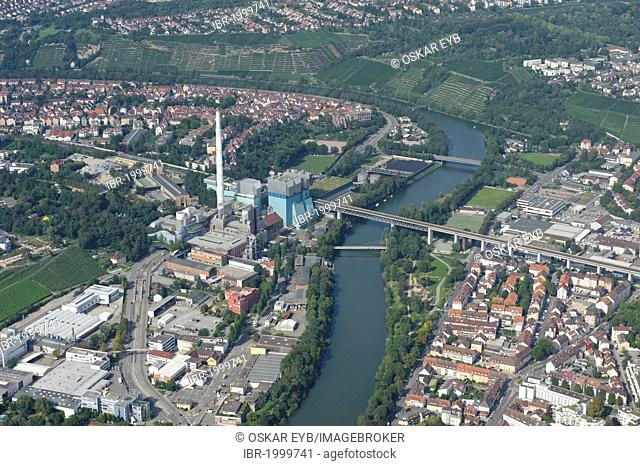 Aerial view, Neckar river and Stuttgart-Muenster waste incineration plant, Stuttgart, Baden-Wuerttemberg, Germany, Europe