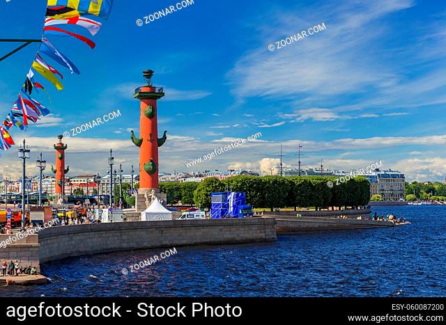 Saint-Petersburg, Russia - July 24, 2020: Rostral columns and the Neva River