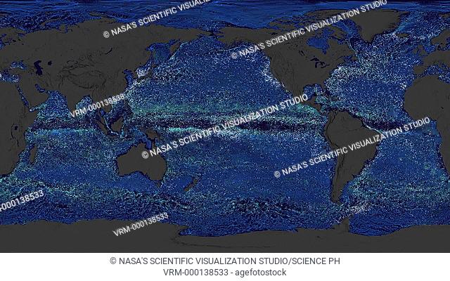 Drifting ocean garbage, global simulation. This animation combines data from scientific buoys (white dots) and simulated particles (blue/green