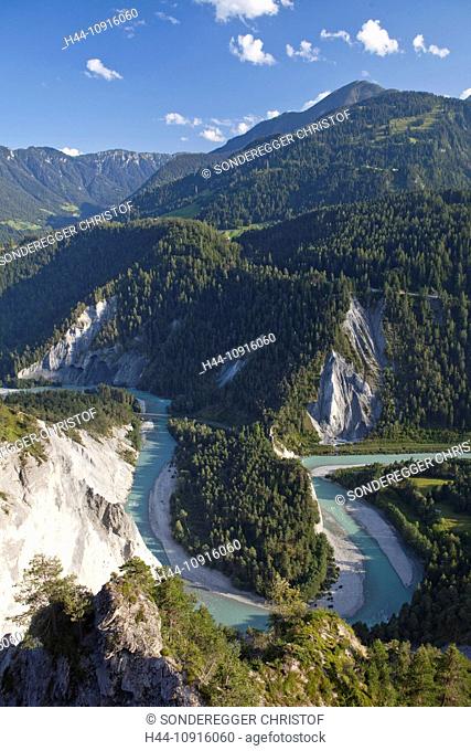 Canton, Graubünden, Grisons, Switzerland, Europe, mountain, mountains, river, flow, brook, water, gulch, Rhine gulch, Flims, ruin alta