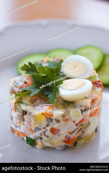 Olivier salad is a traditional salad dish in Russian cuisine, which is also popular in other post-Soviet countries, many European countries, Turkey, Iran