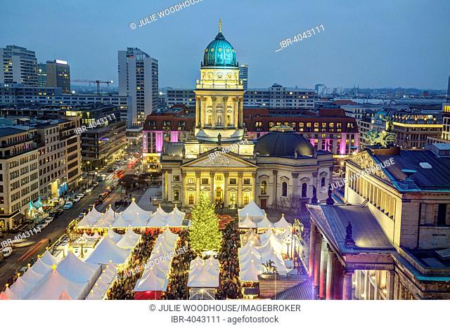 View over Gendarmenmarkt square with Christmas market, Berlin, Germany