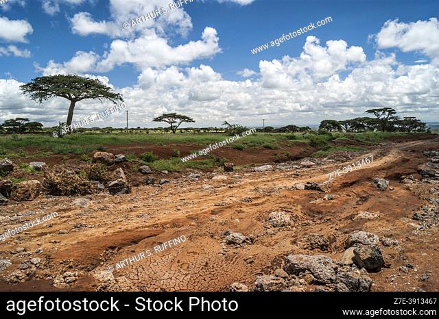 The red soil and landscape of Kenya after heavy rains. Africa